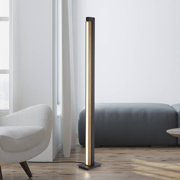 PURE LED állólámpa Lines, fekete, fa, távirányítóval, 140 cm, dimmelhető, Világos fa, Nappali / Étkező, Fa