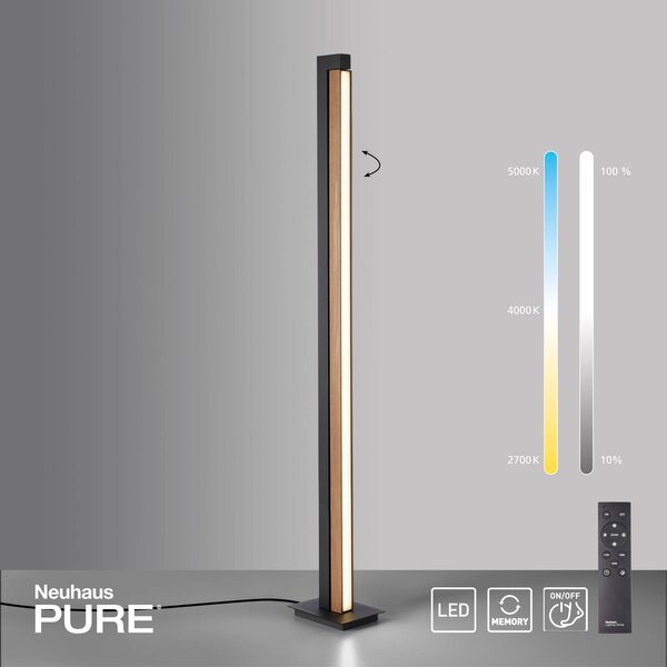 PURE LED állólámpa Lines, fekete, fa, távirányítóval, 140 cm, dimmelhető, Világos fa, Nappali / Étkező, Fa