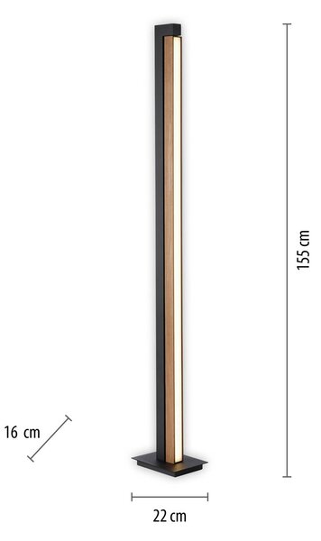 PURE LED állólámpa Lines, fekete, fa, távirányítóval, 140 cm, dimmelhető, Világos fa, Nappali / Étkező, Fa