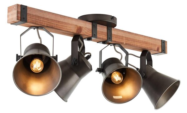 Brilliant Decca mennyezeti spotlámpa, 78 cm hosszú, fekete/fa, 4 lámpás., dimmelhető, Sötét fa, Nappali / Étkező, Fa, Vintage
