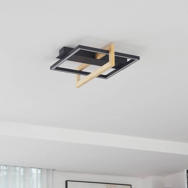 Lindby LED-es mennyezeti lámpa Holamu, 46cm, fekete, fa, fém, Fekete, Nappali / Étkező, Alumínium, Modern