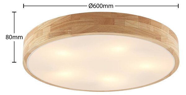 Lindby Tanju mennyezeti lámpa, Ø60 cm, 5 izzós, kaucsukfa, E27, dimmelhető, Világos fa, Nappali / Étkező, Fa, Vidéki otthon / Rusztikus