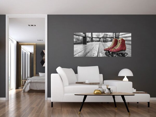 Egy piros régi görgős cipő képe (120x50 cm)