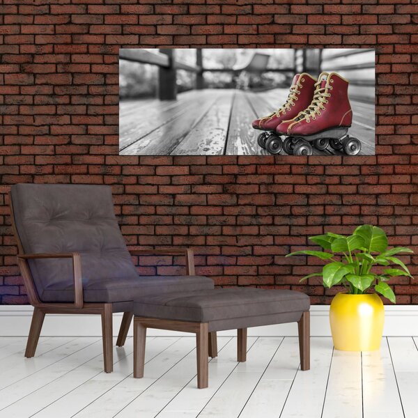 Egy piros régi görgős cipő képe (120x50 cm)