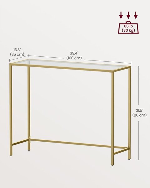 Konzolasztal fém vázzal edzett üveglappal, óarany 100x35x80cm