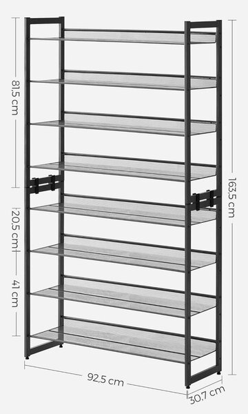 Cipőtartó polc 2x4 szintes fém háló polcokkal, fekete 92x30x163cm