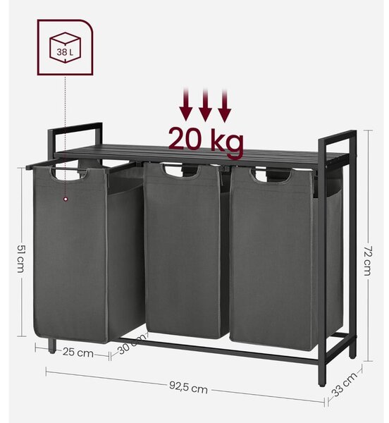Szennyestartó, kihúzható és levehető ruhatartó zsákkal 3x38L, fekete