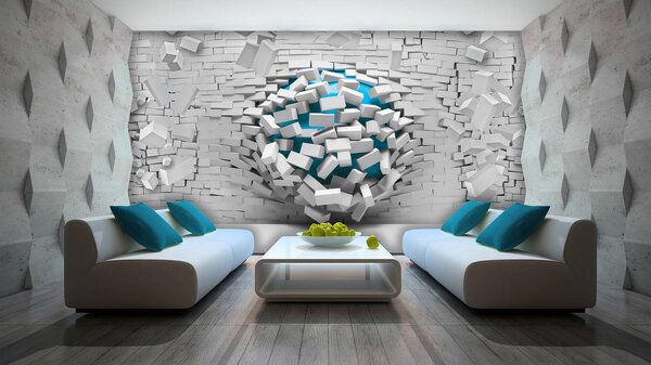 Fotótapéta - 3D kék golyó és fehér téglafal (152,5x104 cm)