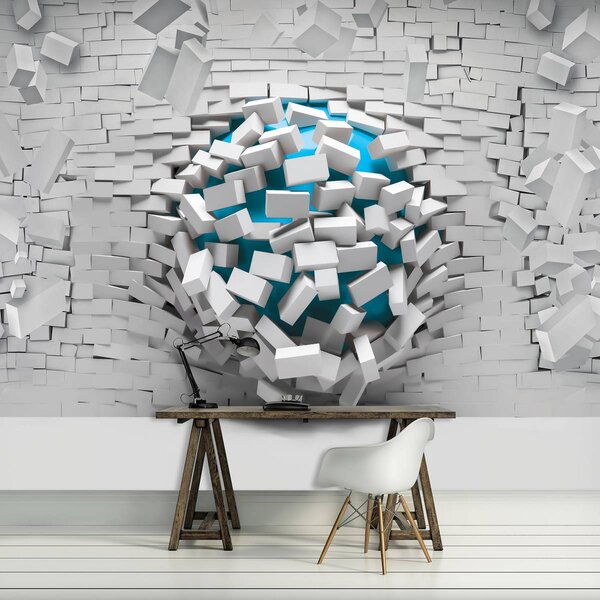 Fotótapéta - 3D kék golyó és fehér téglafal (152,5x104 cm)