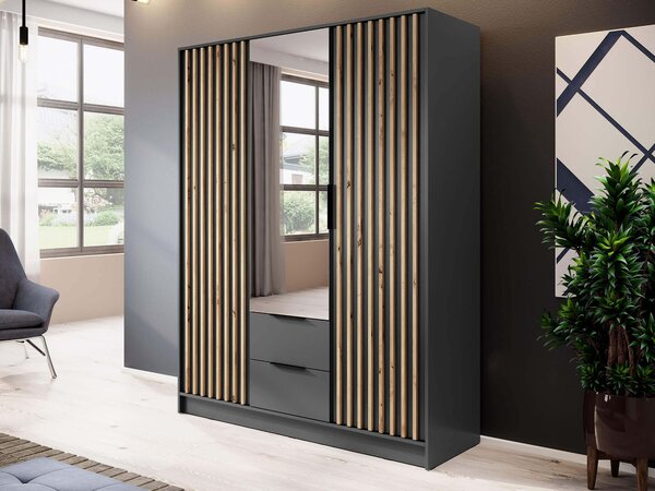 NELLY 3D tükrös gardróbszekrény - sötétszürke / fekete