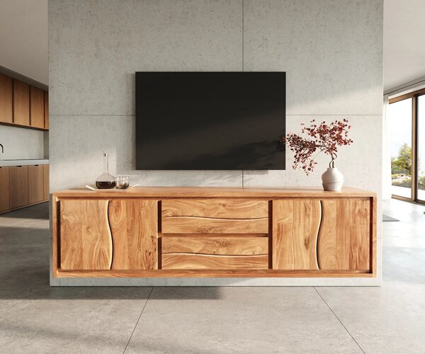 DELIFE TV szekrény Live-Edge 200 cm akác természetes 4 ajtós 2 fiókos lebegő