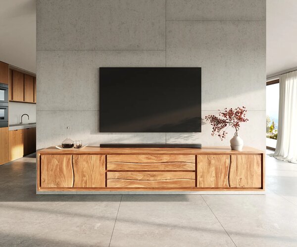 DELIFE TV szekrény Live-Edge 300 cm akác természetes 4 ajtós 2 fiókos lebegő
