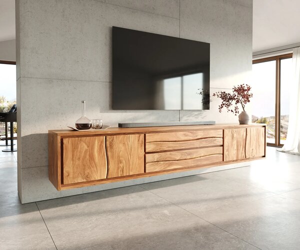 DELIFE TV szekrény Live-Edge 300 cm akác természetes 4 ajtós 2 fiókos lebegő