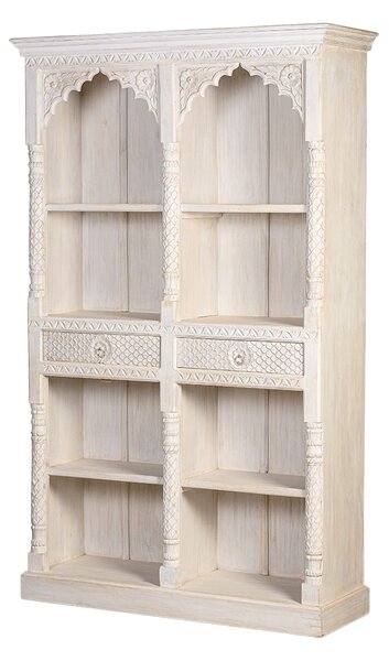 Mangófából készült dupla boltíves arab stílusú tömörfa polcos szekrény mosott fehér színben, Indiából