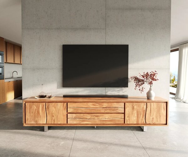 DELIFE TV szekrény Live-Edge 300 cm akác természetes 4 ajtós 2 fiókos