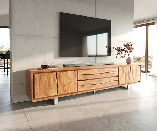 DELIFE TV szekrény Live-Edge 300 cm akác természetes 4 ajtós 2 fiókos