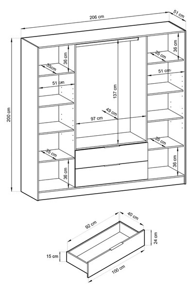 Négyajtós tükrös gardróbszekrény MARFA - szélesség 206 cm, artisan tölgy / fekete