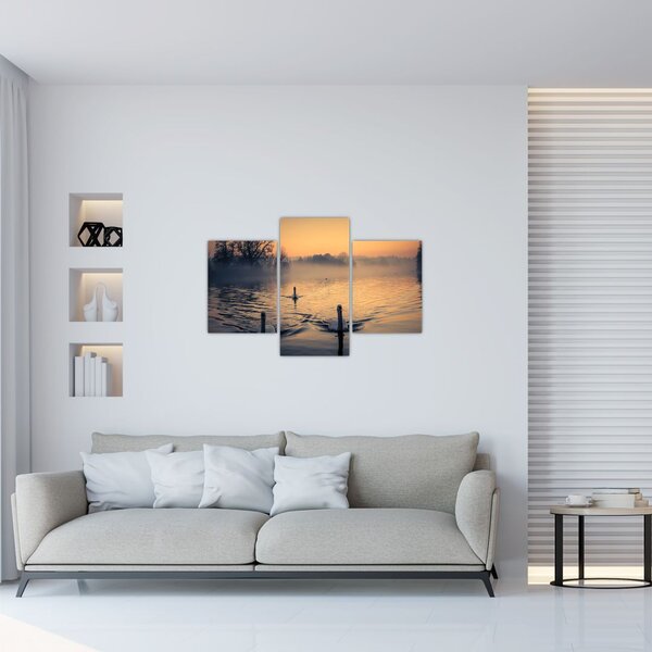 Hattyúk a vizen és a ködben képe (90x60 cm)