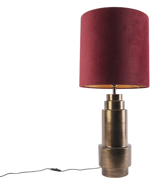 Art deco asztali lámpa bronz bársony árnyalatú vörös, arany 50cm - Bruut