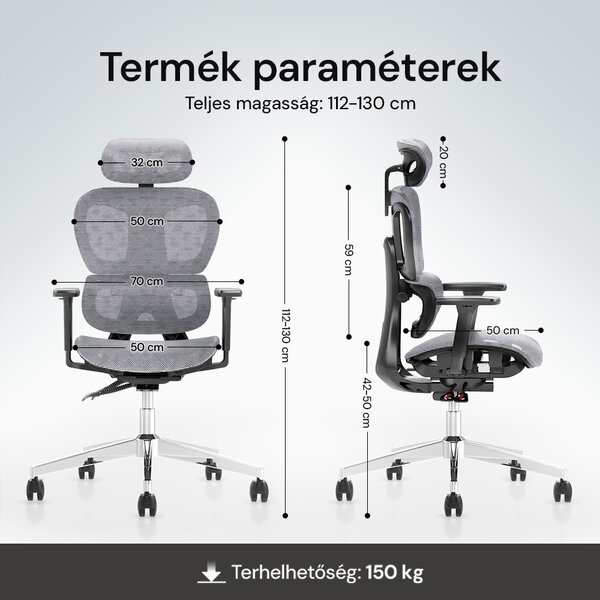 Prémium ergonomikus irodai szék, forgószék, fekete-szürke (T03) hálós