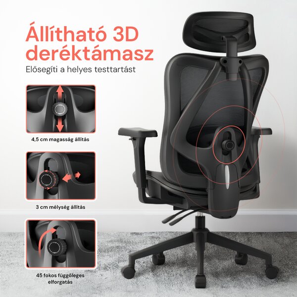 Ergonomikus irodai szék, forgószék, fekete (T15) hálós