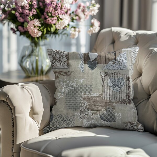 Párnahuzat patchwork szürkésbarna szív