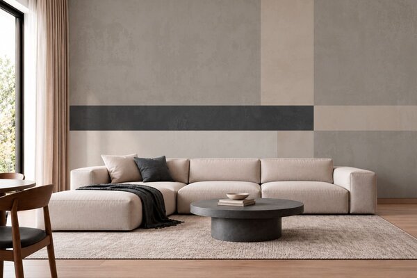 Fotótapéta Absztrakt geometriai mintázat bézs és szürke blokkokkal, valamint egy sötét csíkkal, Fotótapéta geometria, w05891 : Uwalls.hu