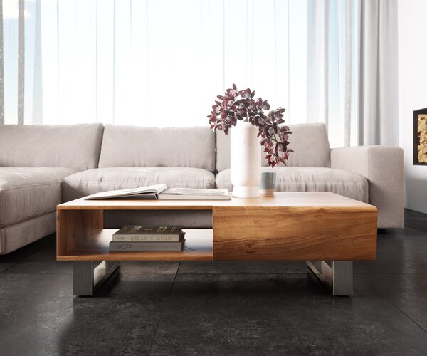 DELIFE Dohányzóasztal New Live-Edge 115x60 cm akác természetes 2 fiók 1 rekesz vékony láb rozsdamentes acél szálcsiszolt