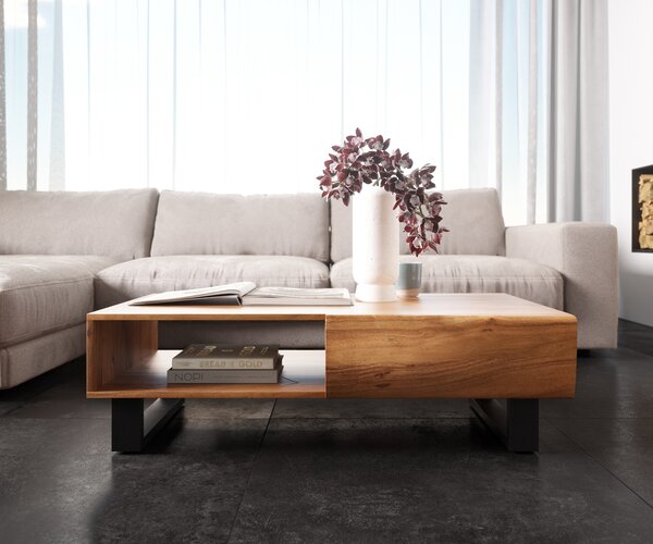 DELIFE Dohányzóasztal New Live-Edge 115x60 cm akác természetes 2 fiókos 1 rekeszes fém kúszó láb fekete
