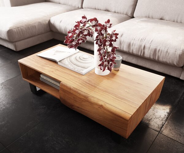 DELIFE Dohányzóasztal New Live-Edge 115x60 cm akác természetes 2 fiókos 1 rekeszes fém kúszó láb fekete