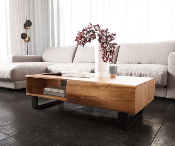 DELIFE Dohányzóasztal New Live-Edge 115x60 cm akác természetes 2 fiókos 1 rekeszes fém kúszó láb fekete