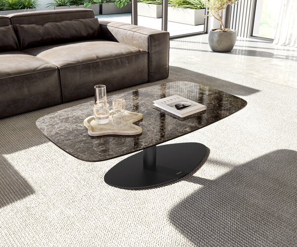 DELIFE Dohányzóasztal Edge hajóformájú 120x70 cm Laminam® Emperador Extra Lucidato kerámia sötétbarna Vibany fém fekete