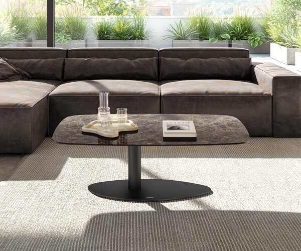 DELIFE Dohányzóasztal Edge hajóformájú 120x70 cm Laminam® Emperador Extra Lucidato kerámia sötétbarna Vibany fém fekete