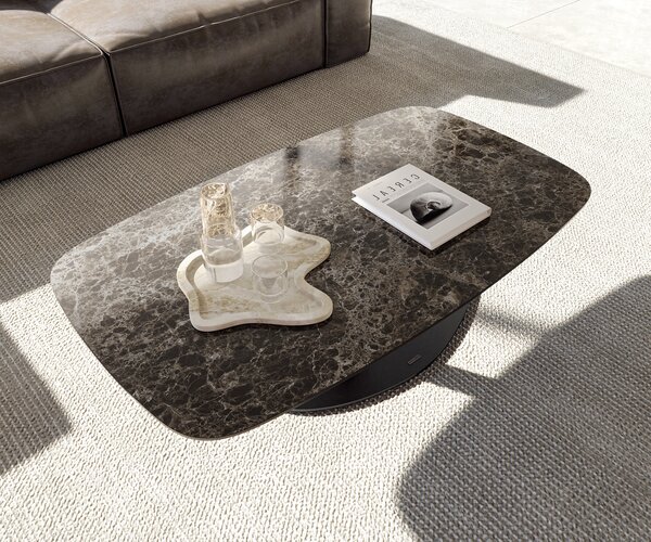 DELIFE Dohányzóasztal Edge hajóformájú 120x70 cm Laminam® Emperador Extra Lucidato kerámia sötétbarna Vibany fém fekete