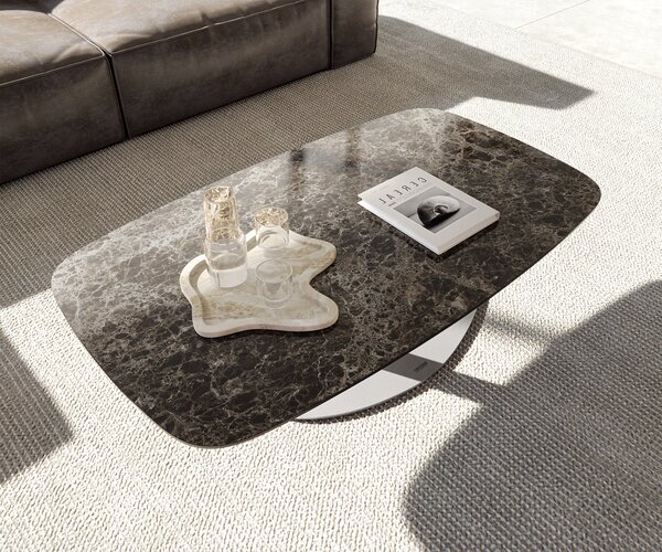 DELIFE Dohányzóasztal Edge hajóformájú 120x70 cm Laminam® Emperador kerámia extra polírozott sötétbarna Vibany rozsdamentes acél szálcsiszolt