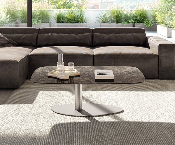 DELIFE Dohányzóasztal Edge hajóformájú 120x70 cm Laminam® Emperador kerámia extra polírozott sötétbarna Vibany rozsdamentes acél szálcsiszolt
