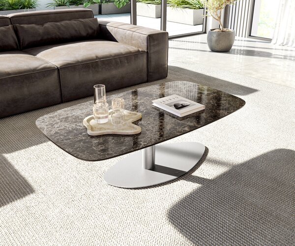 DELIFE Dohányzóasztal Edge hajóformájú 120x70 cm Laminam® Emperador kerámia extra polírozott sötétbarna Vibany rozsdamentes acél szálcsiszolt