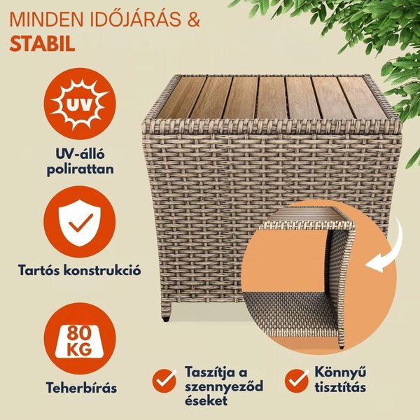 ROCCO polyrattan oldalasztal akácfával, 40x45x45cm, krémszínű Casaria