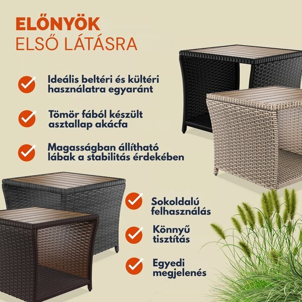 ROCCO polyrattan oldalasztal akácfával, 40x45x45cm, krémszínű Casaria