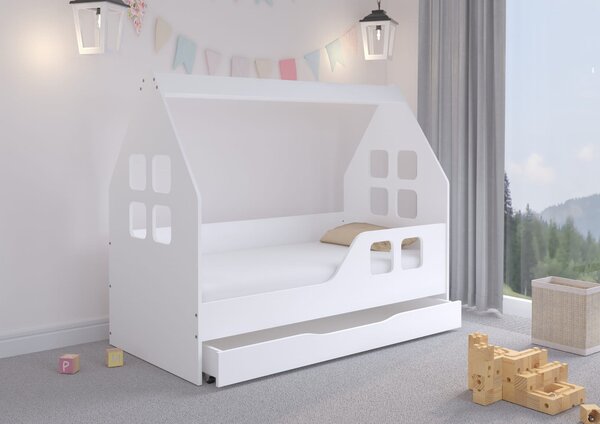 Házikó formájú gyerekágy 140x70cm matraccal és ágyneműtartóval (jobbos) - Fehér ágy / Fehér fiókkal