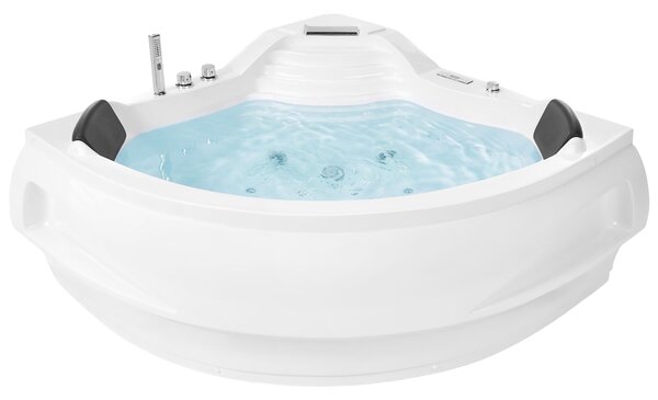Sarok hidromasszázs kád LED világítással MONACO Beépített Bluetooth Hangszóróval 210 x 145 cm Fehér