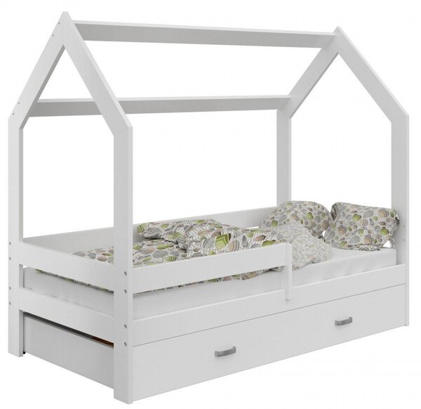 Tömör fenyő házikó gyerekágy fiókkal D3 160x80 cm tömör fa gyerekágy matrac nélkül - Fehér ágy/ Fehér fiókkal