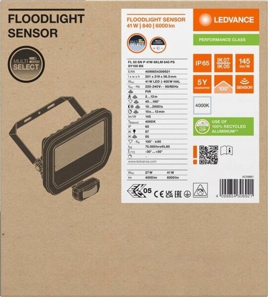 LED floodlight LEDVANCE FL GEN4 IP66 27/41W 4000K 4000/6000lm with motion sensor black