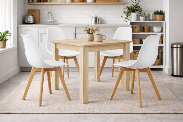 Étkezőasztal szett: NP 80×80 cm sonoma + 4 db KITO szék fehér/natúr láb