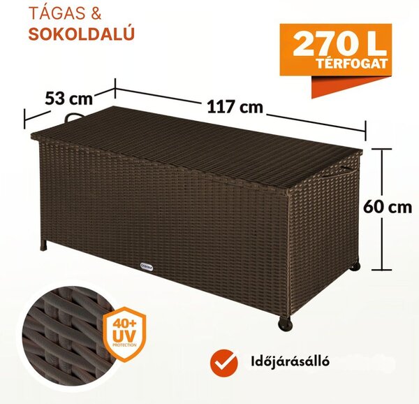 RICCO polyrattan tárolódoboz, 117 x 53 x 60cm, sötétbarna Casaria