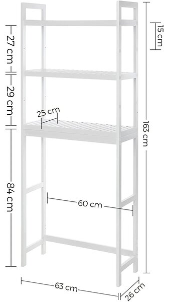 Mosógép feletti tárolószekrény, bambusz fürdőszoba szekrény, fehér 63x26x163cm