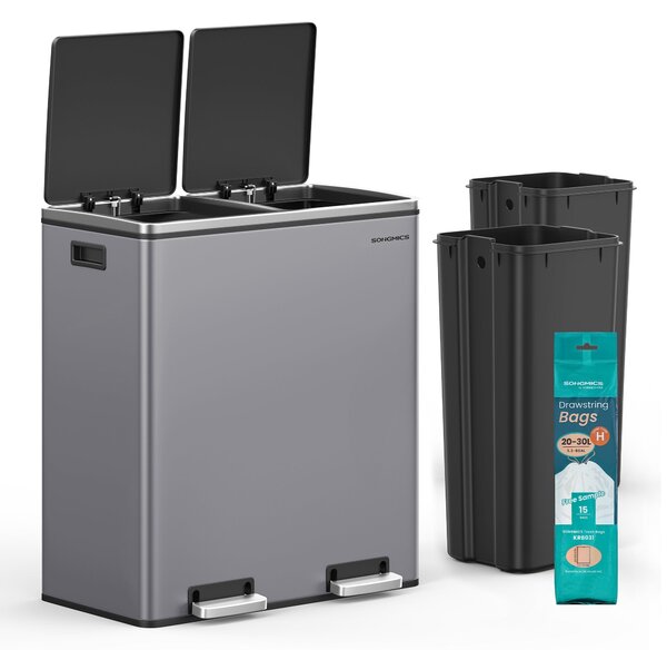 2 rekeszes pedálos recycling szemetes lágy záródással, szürke fém