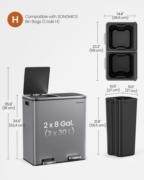 2 rekeszes pedálos recycling szemetes lágy záródással, szürke fém