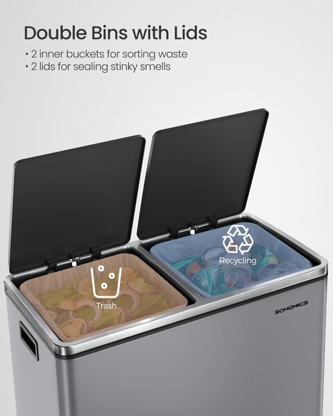 2 rekeszes pedálos recycling szemetes lágy záródással, szürke fém