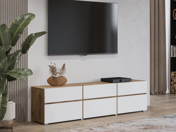 TV-állvány Alfere 102, Laminált forgácslap, 48x180x40cm, Fehér, Wotan tölgy